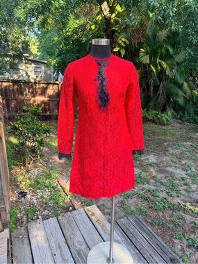 Vintage 1960s Handmade Red Lace Mod Mini Dress